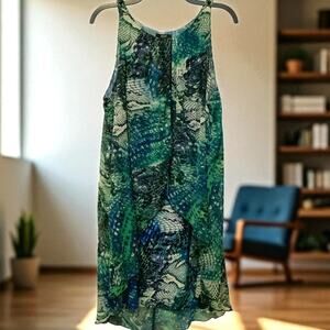 MSK Sleeveless Dress Animal Print Layered Blue Green 16